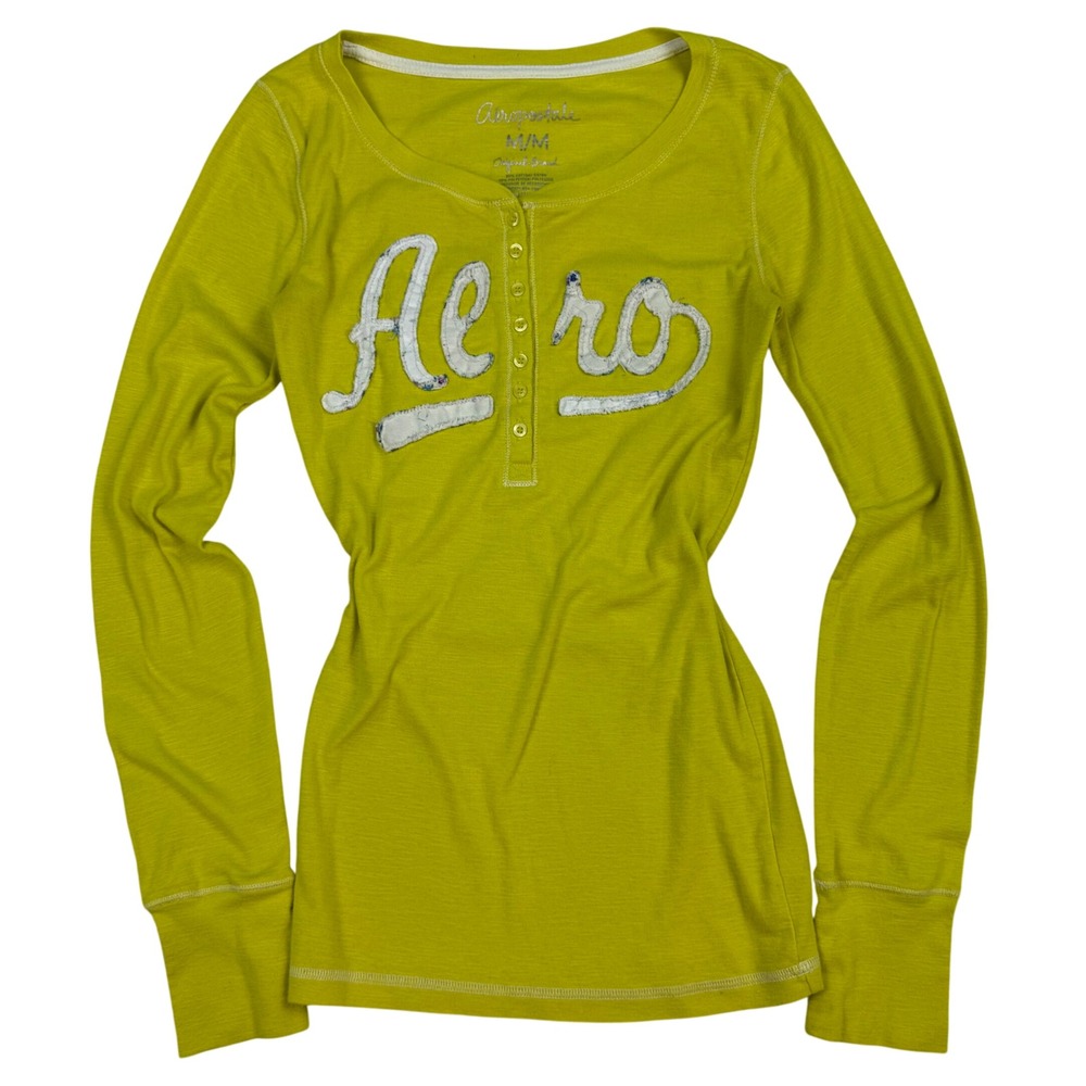 VTG Y2K Aeropostale Henley Long Sleeve Shirt Neon Yellow Puff Print Sz M Fitted